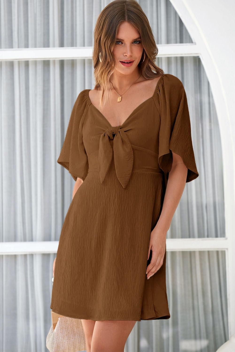 Dokotoo Dresses for Women 2026 Casual Summer Elegant Bow Tie Mini Dress Casual Trendy Outfits for Women