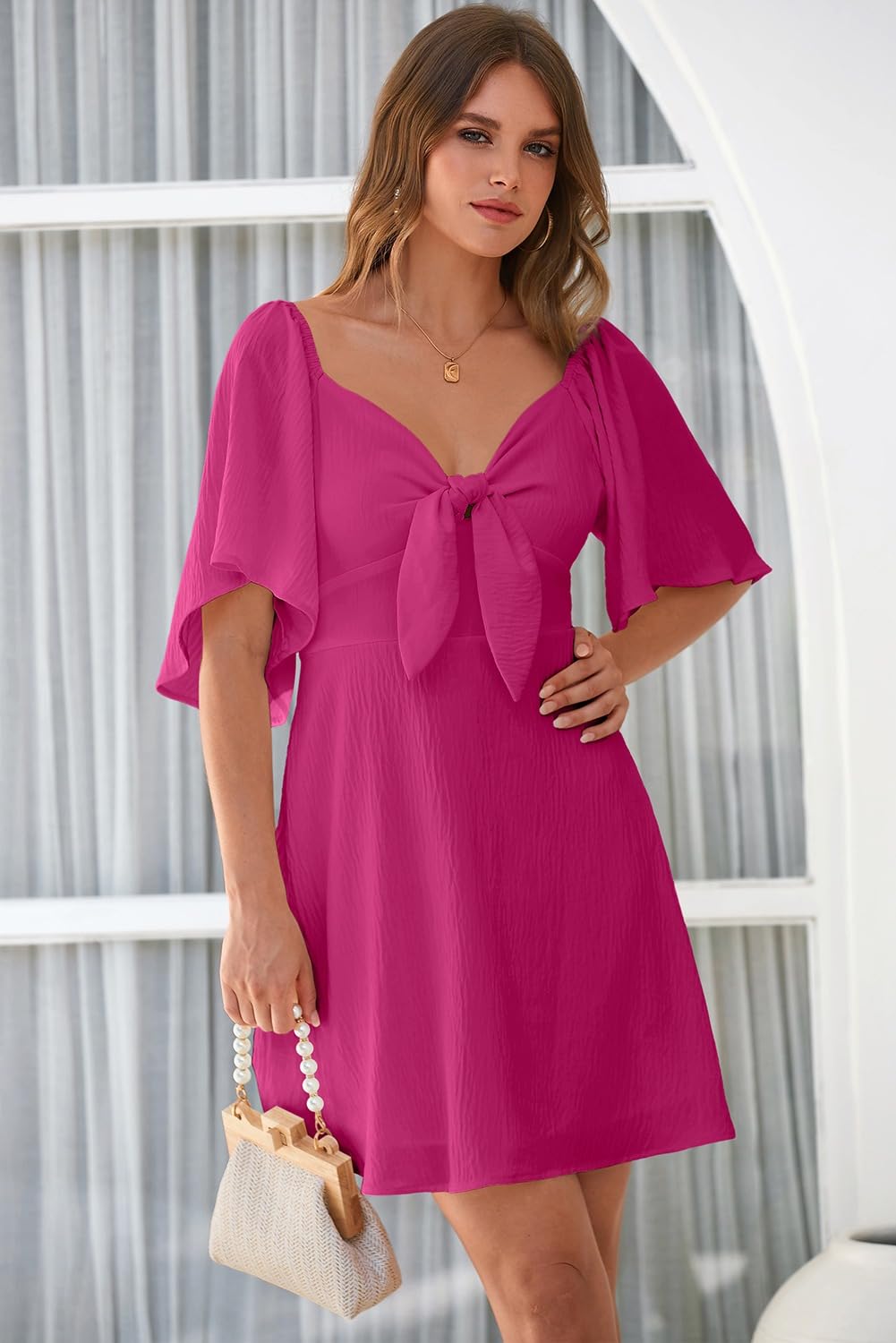 Dokotoo Dresses for Women 2026 Casual Summer Elegant Bow Tie Mini Dress Casual Trendy Outfits for Women