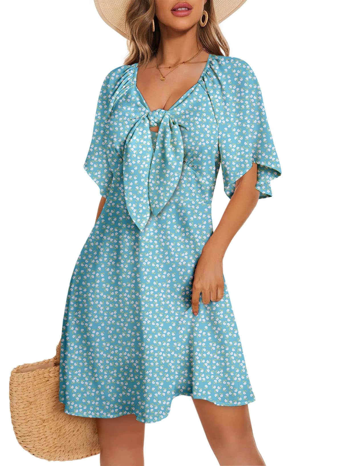 Dokotoo Dresses for Women 2026 Casual Summer Elegant Bow Tie Mini Dress Casual Trendy Outfits for Women