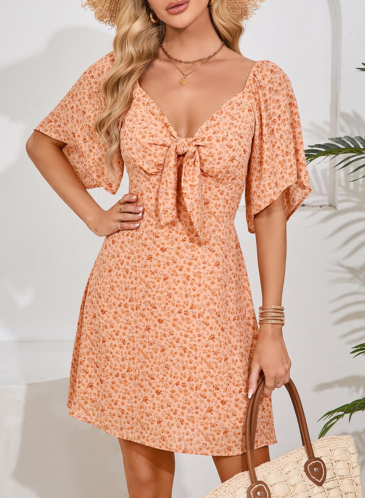 Dokotoo Dresses for Women 2026 Casual Summer Elegant Bow Tie Mini Dress Casual Trendy Outfits for Women